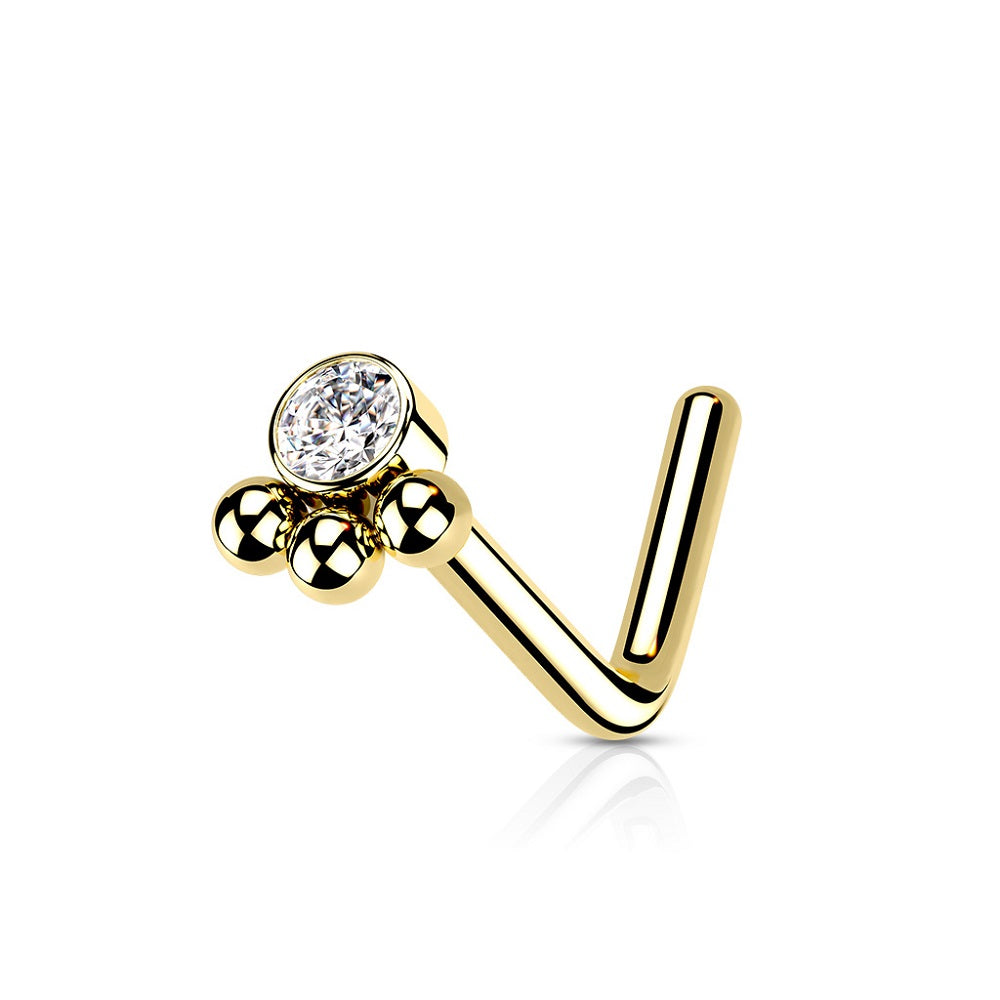 Triple Beaded Cluster CZ Crystal Centered L-Bend Nose Stud - Stainless Steel