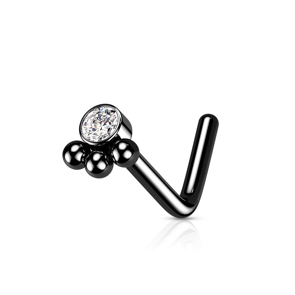 Triple Beaded Cluster CZ Crystal Centered L-Bend Nose Stud - Stainless Steel