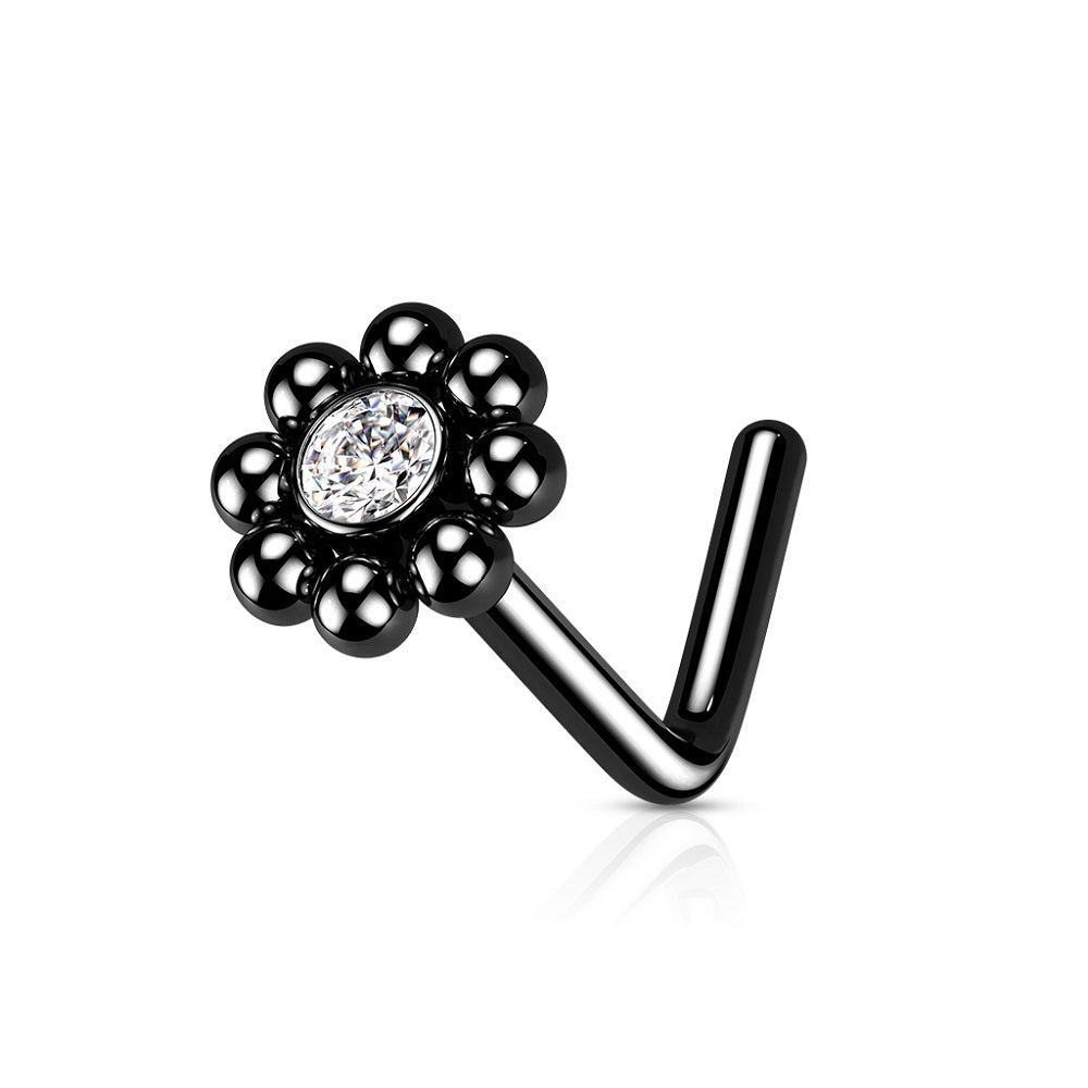 Beaded Ball Edge CZ Crystal Centered Flower L-Bend Nose Stud
- Stainless Steel