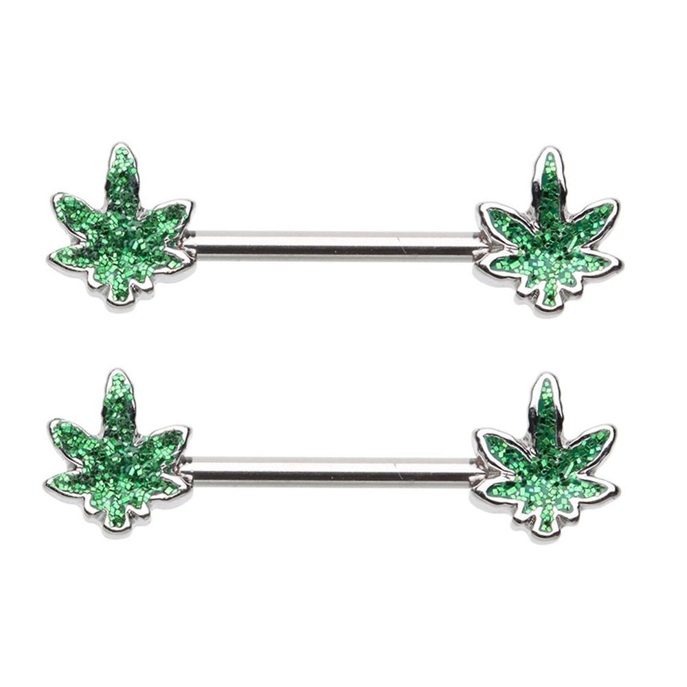 Green Glitter Pot Leaf Nipple Barbells - Stainless Steel