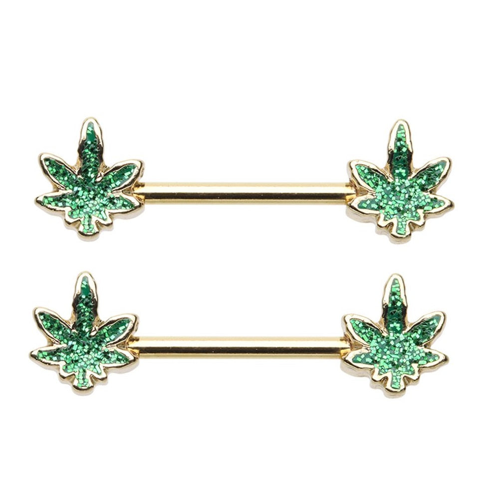 Green Glitter Pot Leaf Nipple Barbells - Stainless Steel