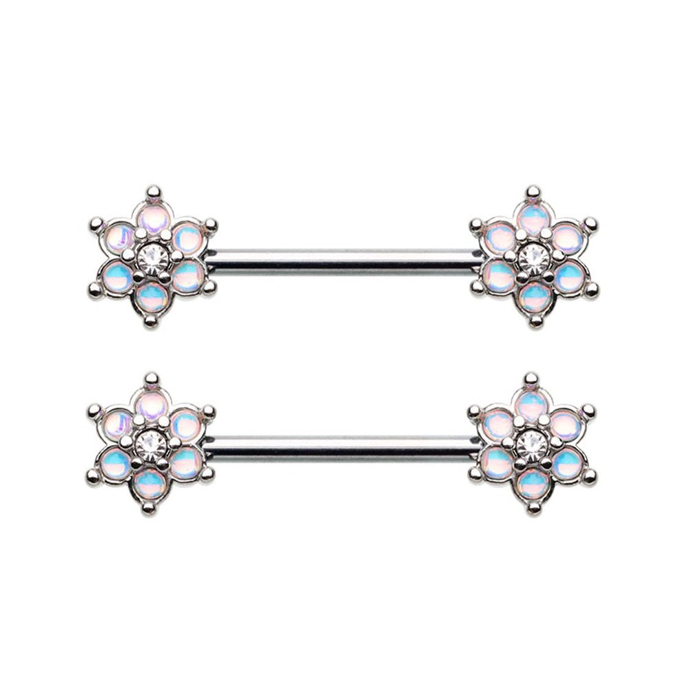 Illuminating Moonstone Prong Set Flower Nipple Barbells
- Stainless Steel - Pair