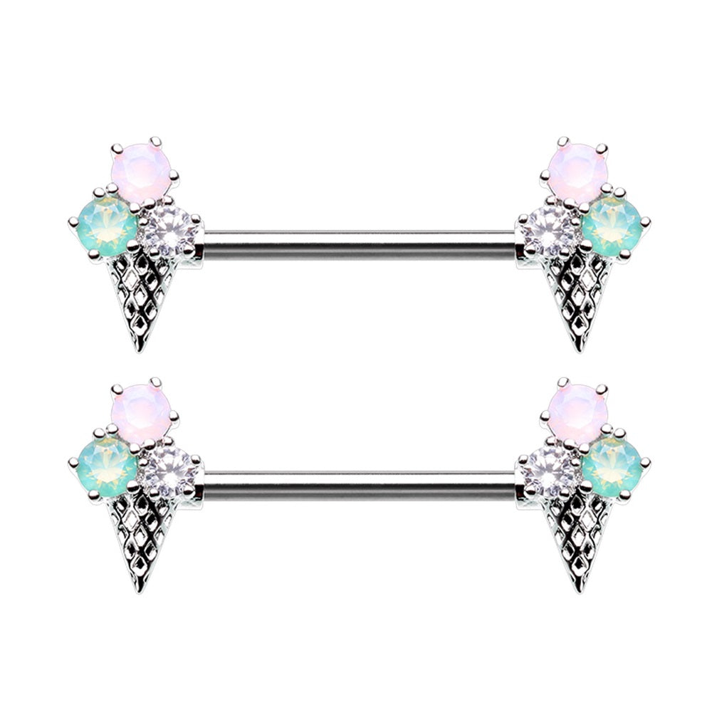CZ Crystal Ice Cream Cone Nipple Barbells - Stainless Steel