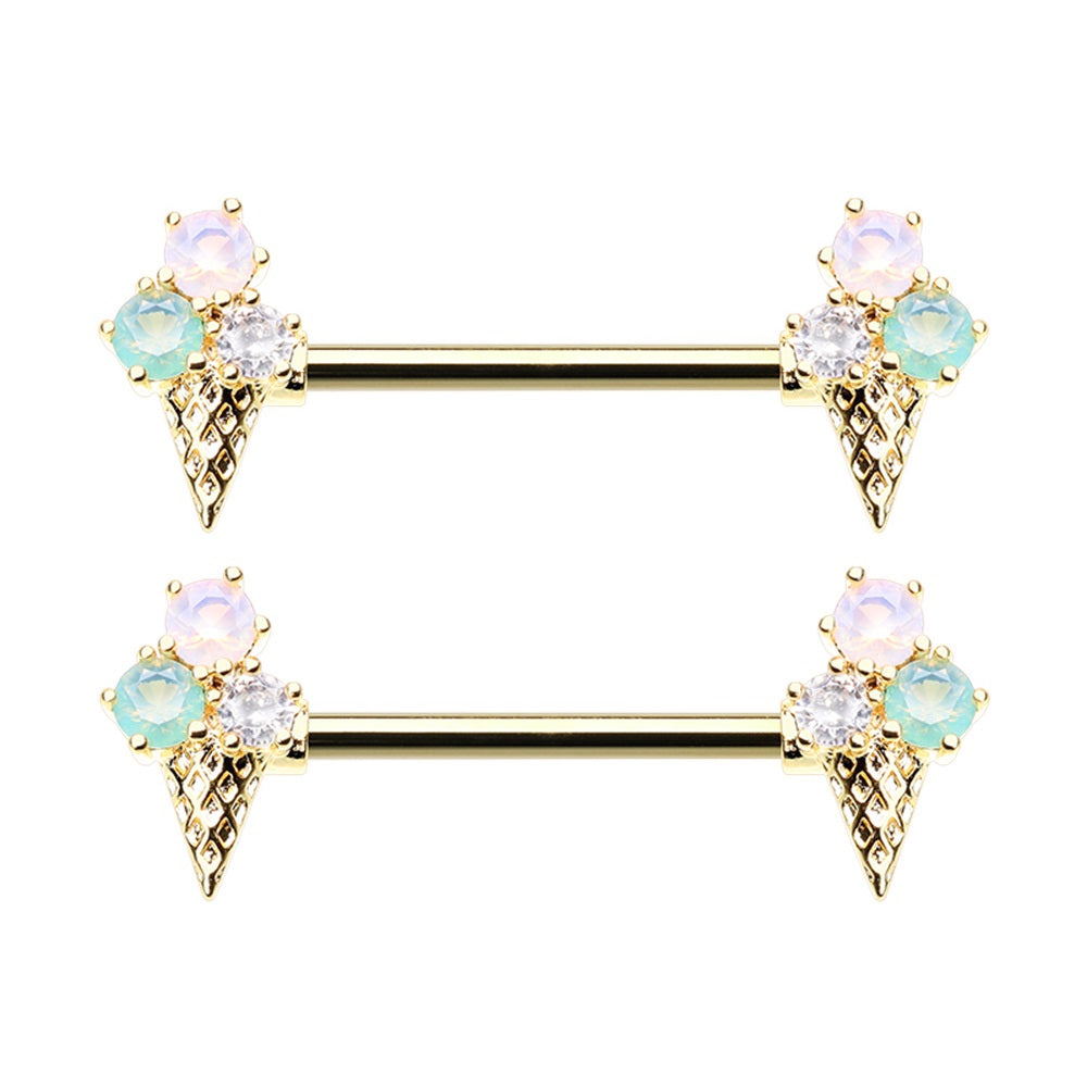 CZ Crystal Ice Cream Cone Nipple Barbells - Stainless Steel