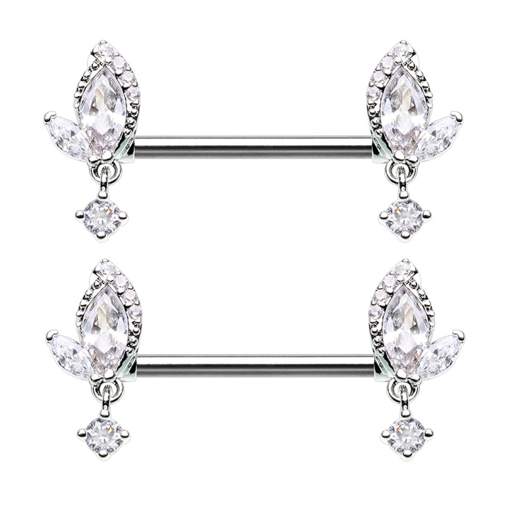 CZ Crystal Leaf with Dangling Gem Nipple Barbells - Stainless Steel