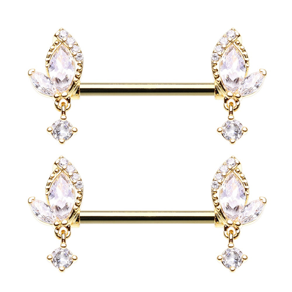 CZ Crystal Leaf with Dangling Gem Nipple Barbells - Stainless Steel