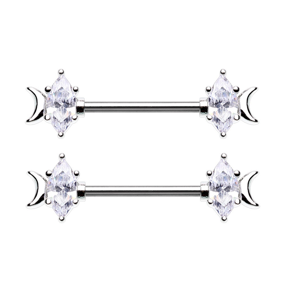 CZ Crystal Marquise and Crescent Moon Nipple Barbells - Stainless Steel