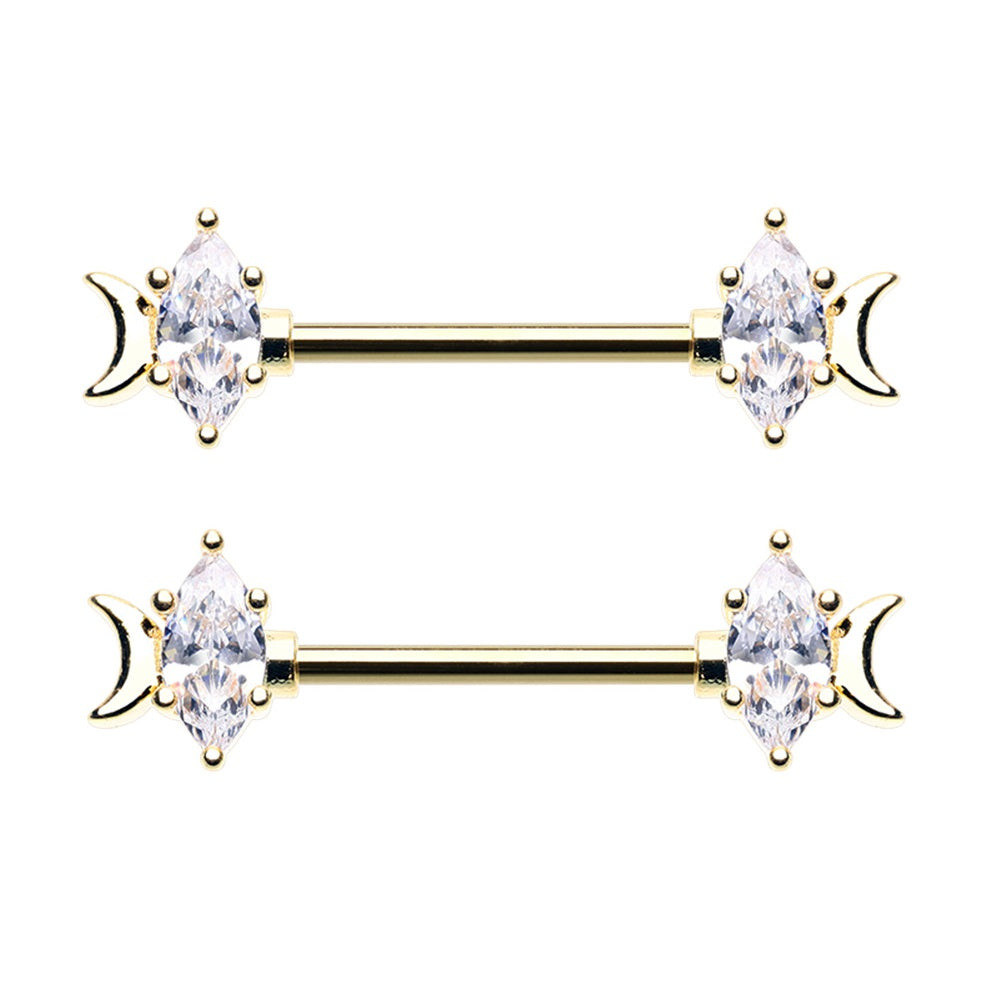 CZ Crystal Marquise and Crescent Moon Nipple Barbells - Stainless Steel