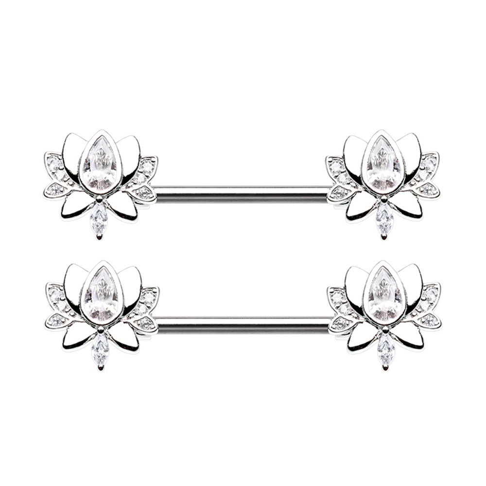 CZ Crystal Blooming Lotus Flower Nipple Barbells - Stainless Steel