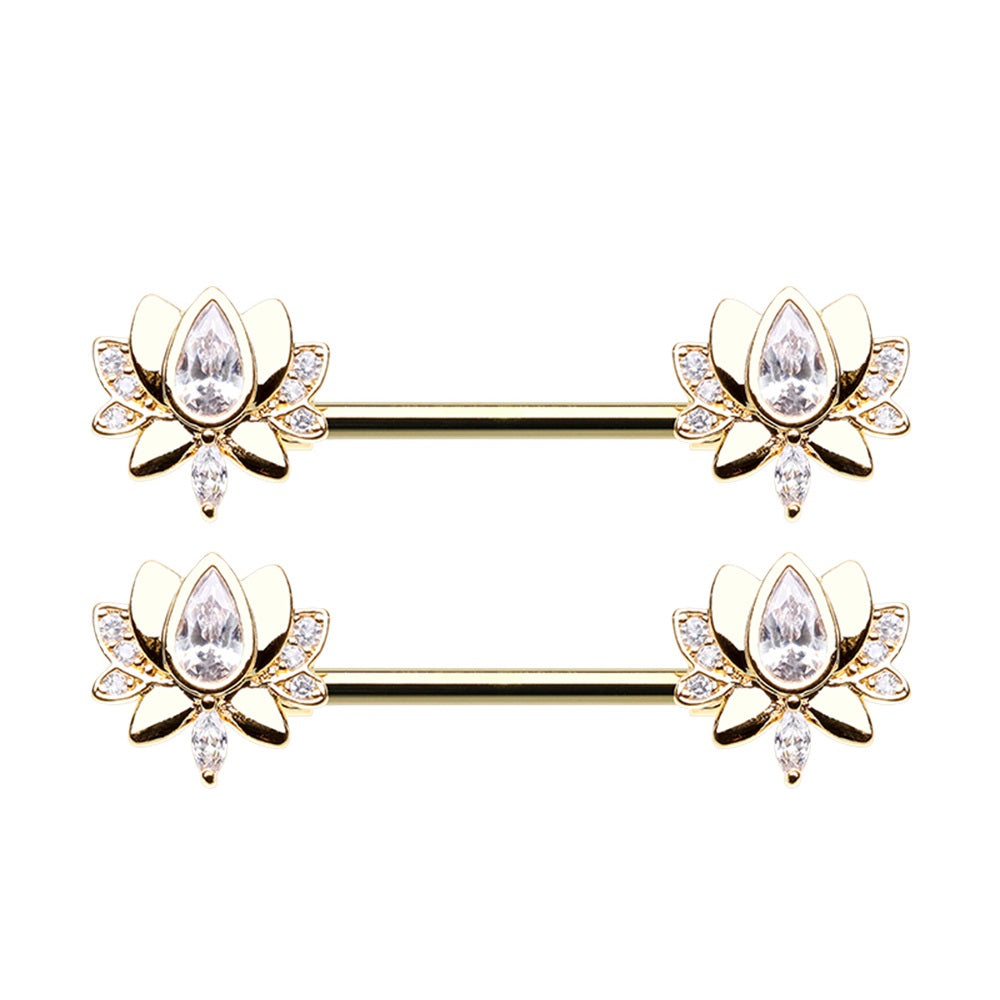 CZ Crystal Blooming Lotus Flower Nipple Barbells - Stainless Steel