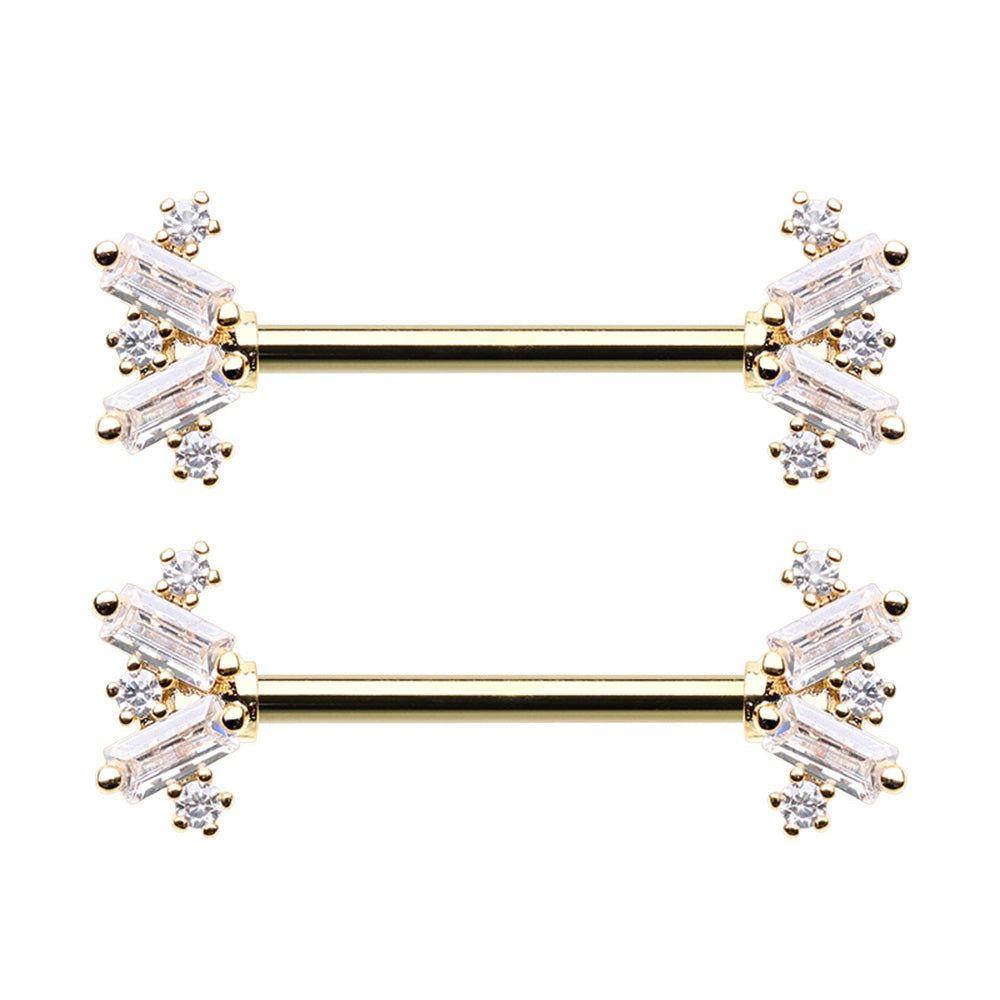 Stacked CZ Crystal Baguette Gem Ends Nipple Barbells - Stainless Steel