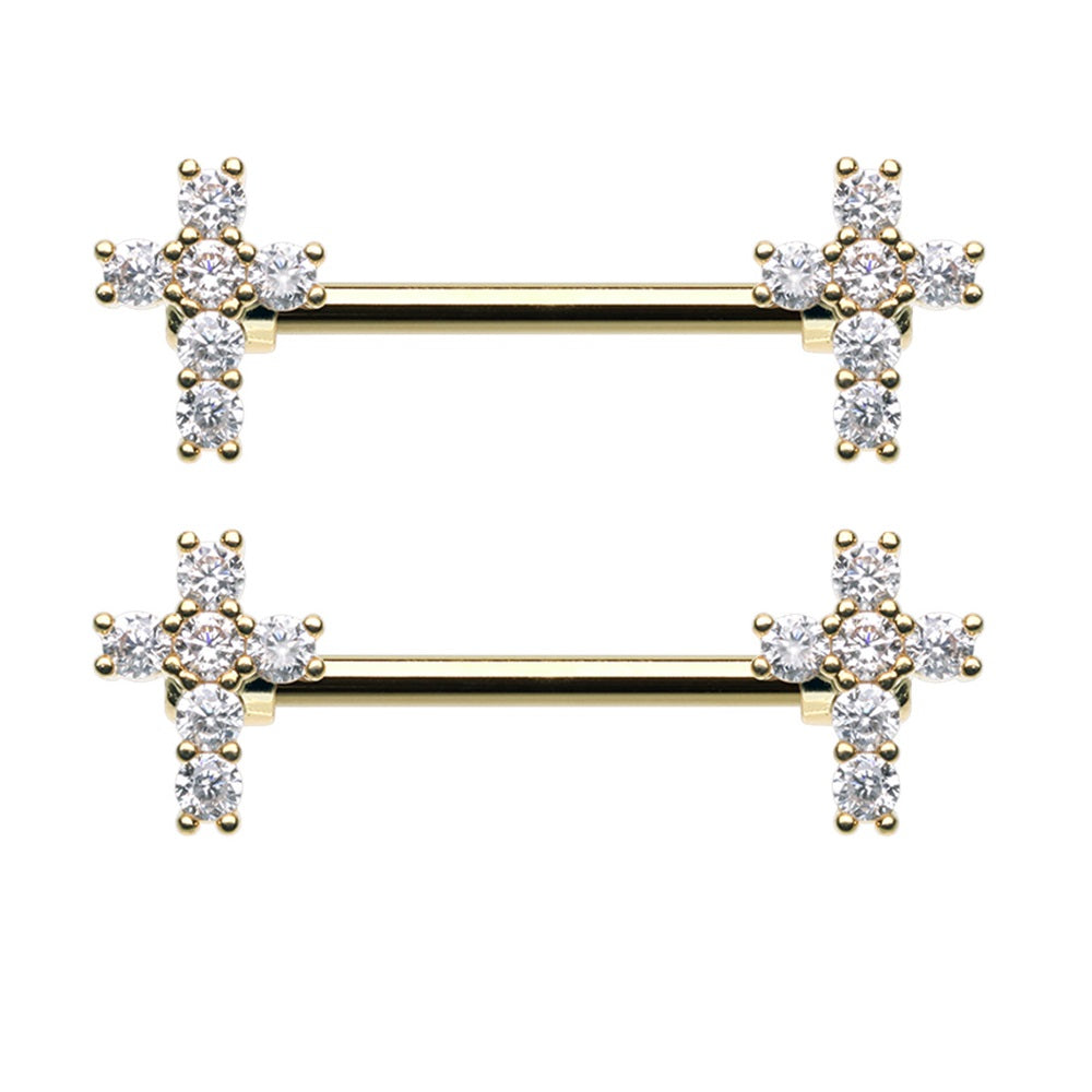 CZ Crystal Cross Ends Nipple Barbells - Stainless Steel - Pair