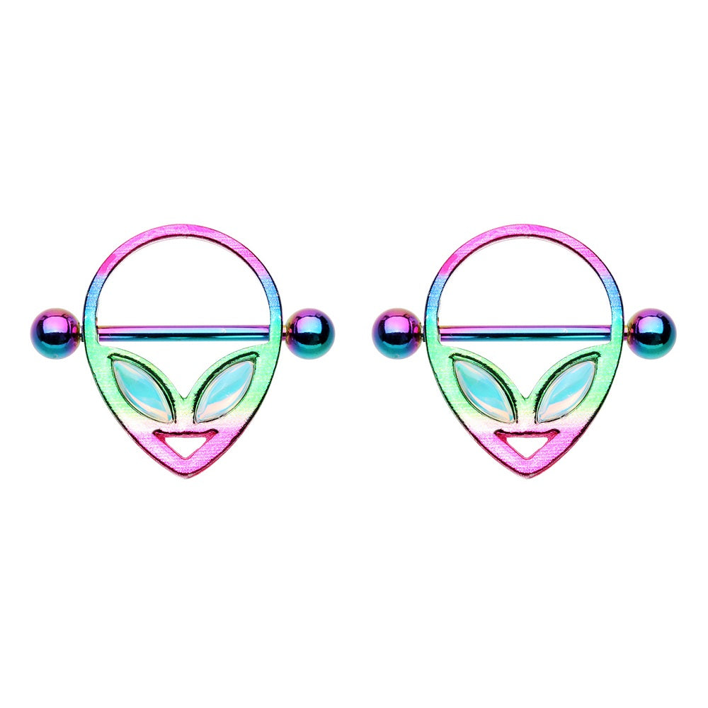 Rainbow Alien Head Nipple Ring Shields
- Stainless Steel - Pair