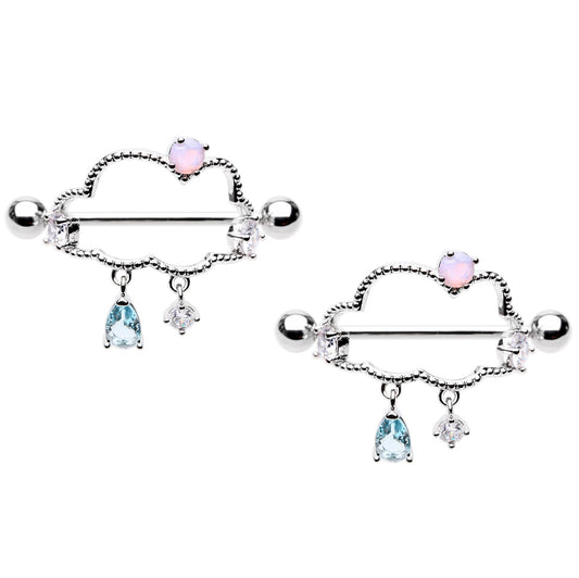 Rain Cloud with CZ Crystal Dangling Gems Nipple Shields - Stainless Steel
