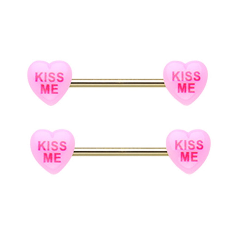 Pink Candy Heart Kiss Me Nipple Barbells - Stainless Steel - Pair