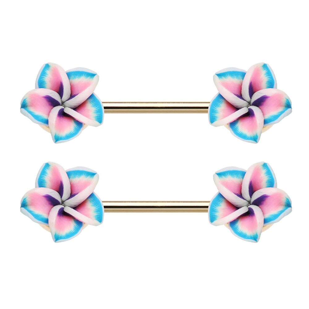 Hawaiian Plumeria Flower Barbell Nipple Rings - Gold Plated Stainless Steel - Pair