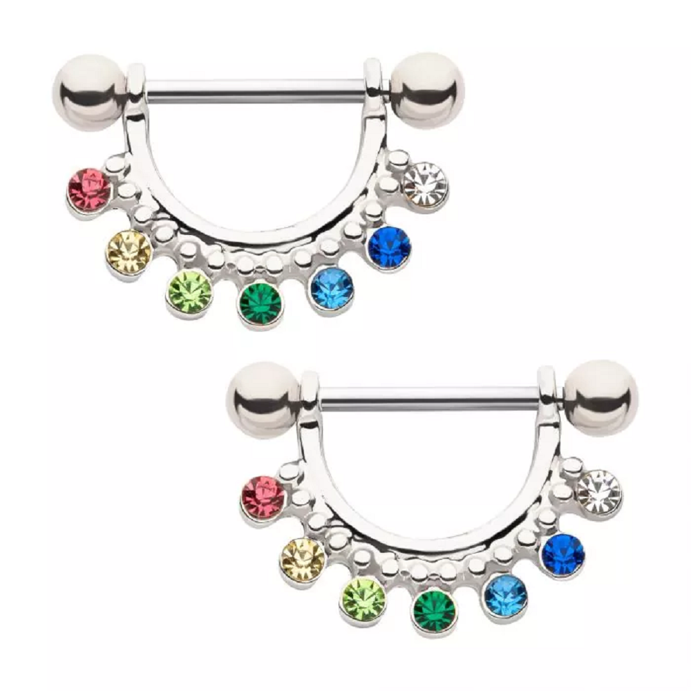 Rainbow CZ Crystal Gem Lined Nipple Shield Barbells - Stainless Steel - Pair