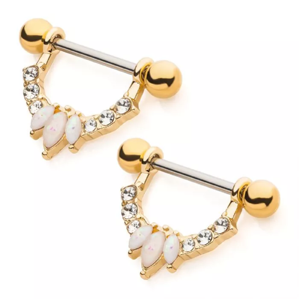 Gold Tone CZ Crystal and White Opalite Cluster Dangling Nipple Barbells - 316L Stainless Steel - Pair