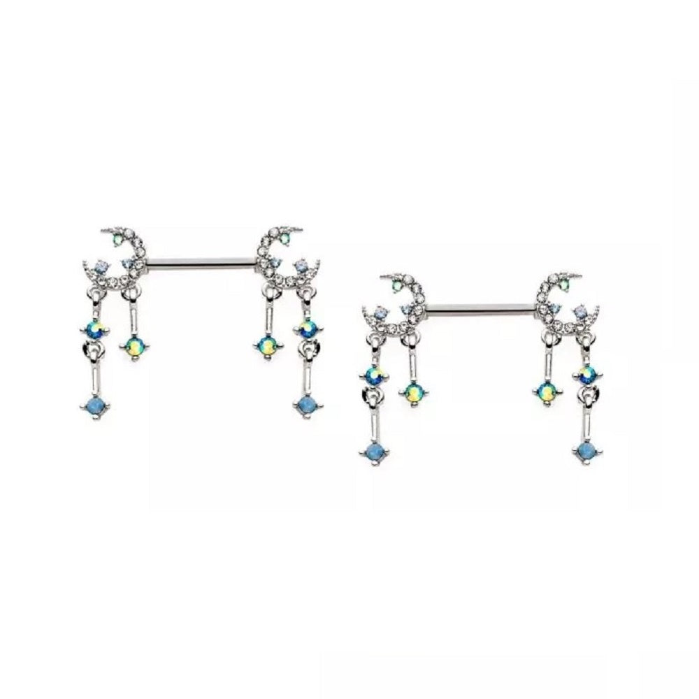 Gemmed Crescent Moon and Star with Dangling Charms Nipple Barbells - Stainless Steel - Pair