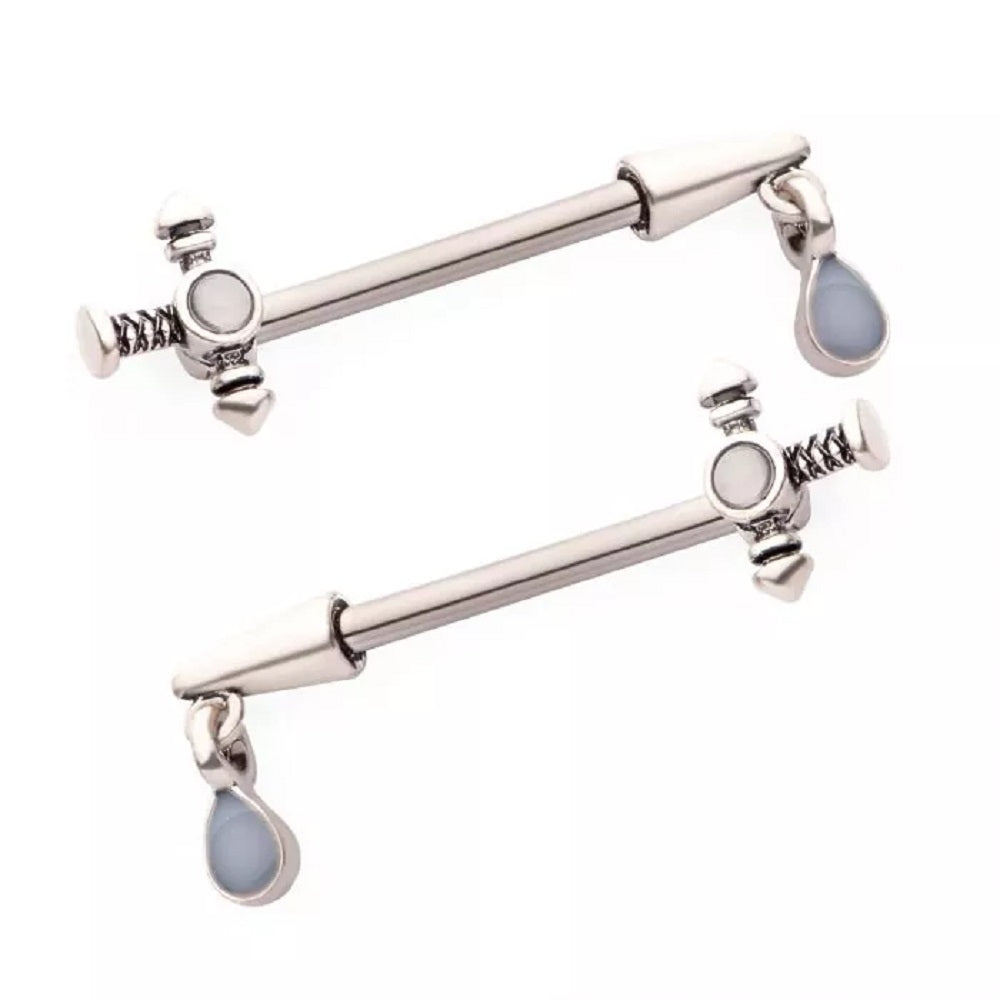 Dagger with Blue Opal Teardrop Dangling Charm Nipple Barbells - 316L Stainless Steel - Pair