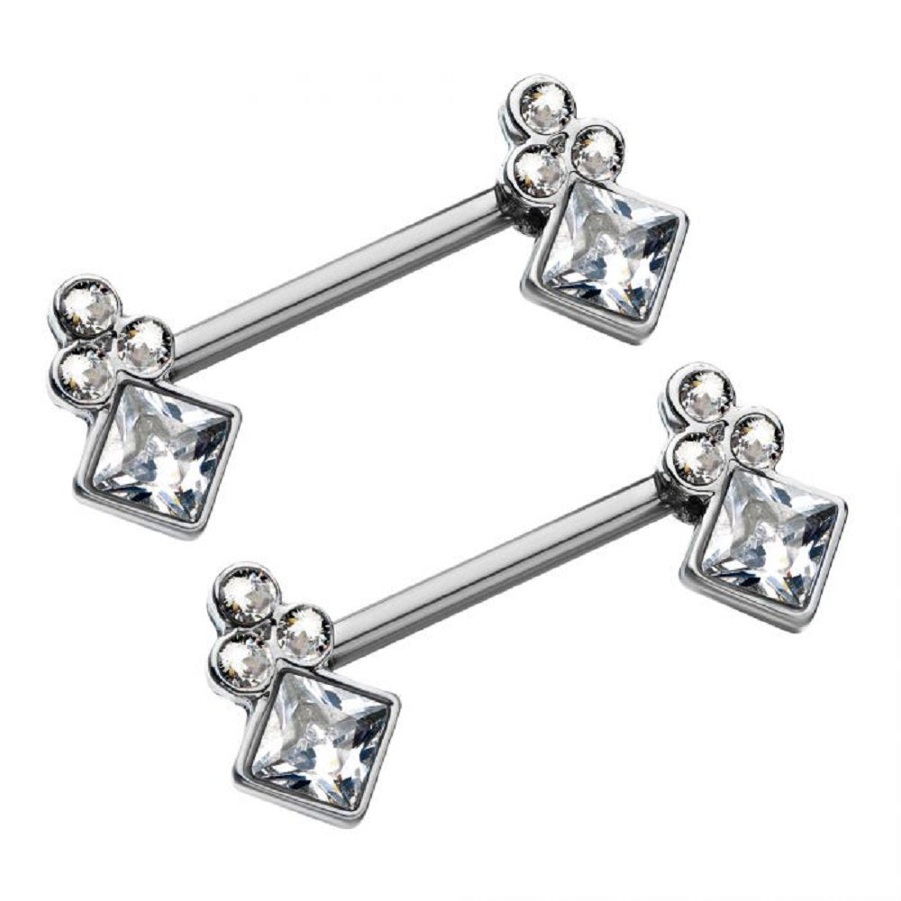 Diamond Shaped CZ with Three Rounded Accent CZS Nipple Barbells - 316L Stainless Steel - Pair