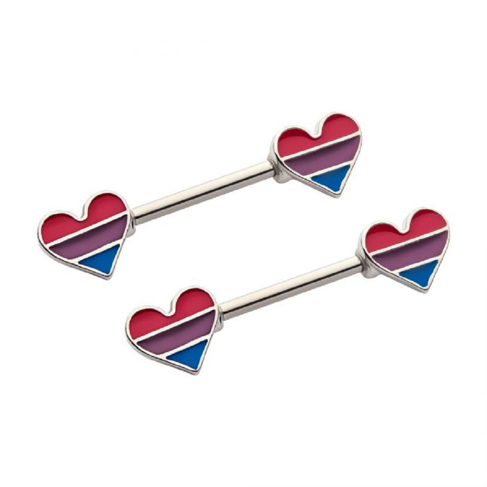 Pink Purple and Blue Striped Heart Shaped Bisexual Pride Nipple Barbells - Stainless Steel - Pair