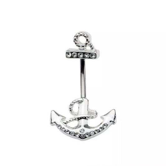 CZ Crystal Gemmed Anchor In and Out Belly Button Ring - 316L Stainless Steel
