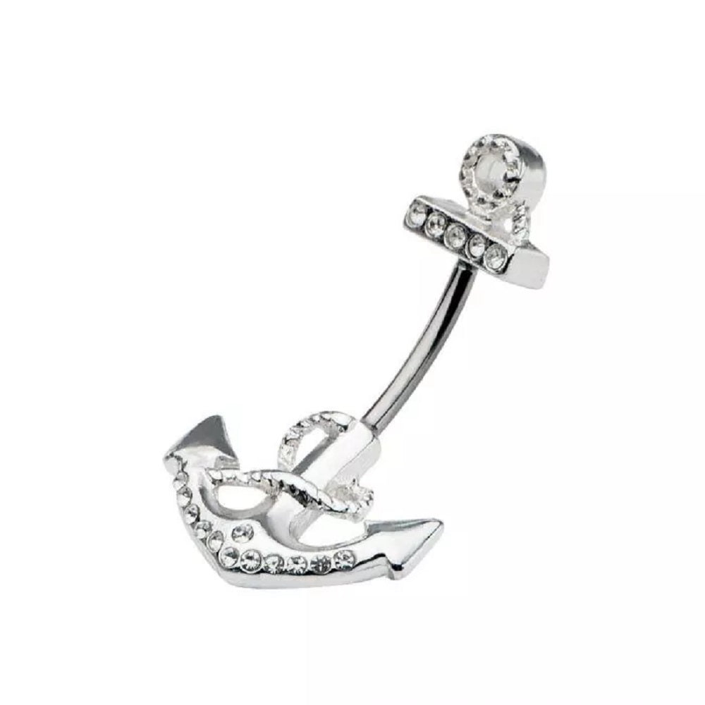 CZ Crystal Gemmed Anchor In and Out Belly Button Ring - 316L Stainless Steel