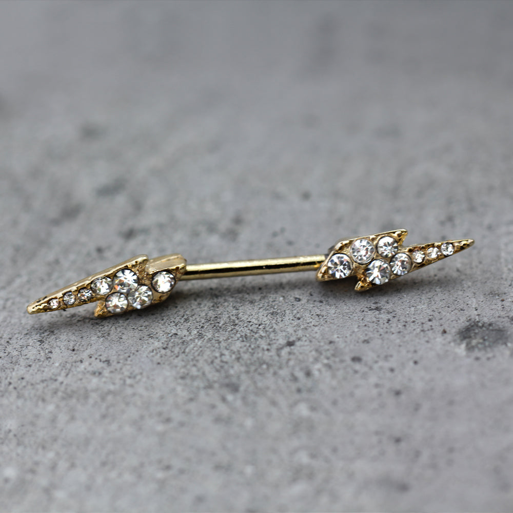 Gold Plated CZ Crystal Lightning Bolt Nipple Barbells - Stainless Steel - Pair