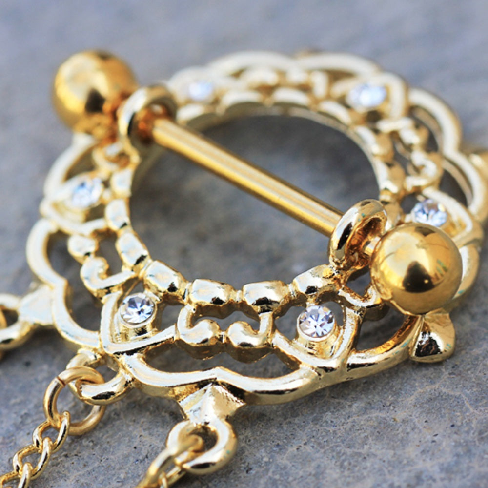 Gold Plated Triple Chain Connecting Floral Crystal Nipple Piercing Shields - Stainless Steel
