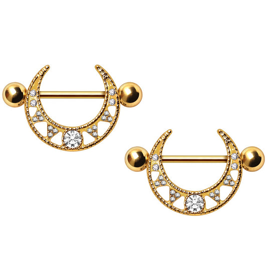 Jeweled Tribal Crescent Moon Nipple Shields - Gold Plated Stainless Steel - Pair