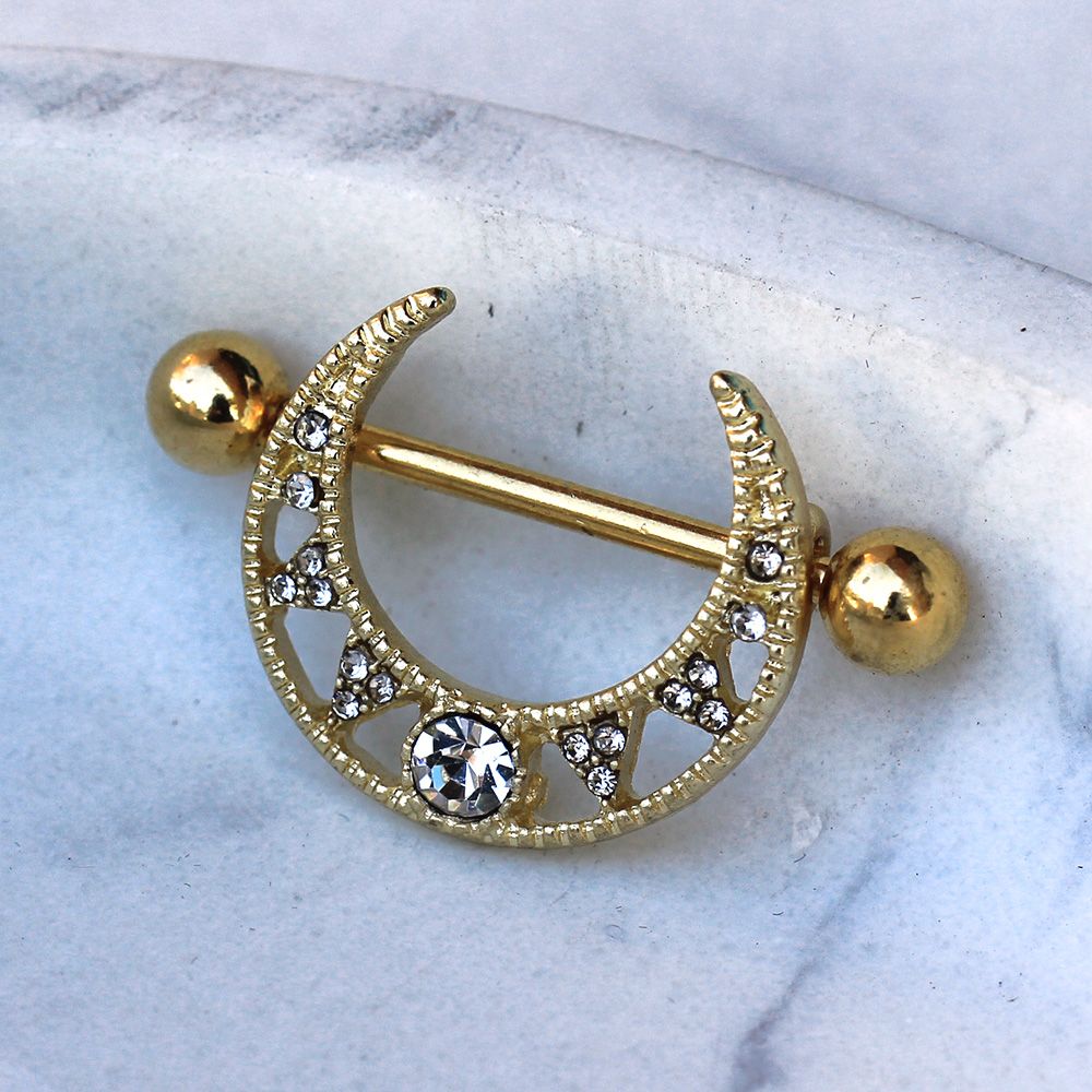 Jeweled Tribal Crescent Moon Nipple Shields - Gold Plated Stainless Steel - Pair