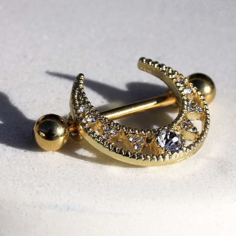 Jeweled Tribal Crescent Moon Nipple Shields - Gold Plated Stainless Steel - Pair