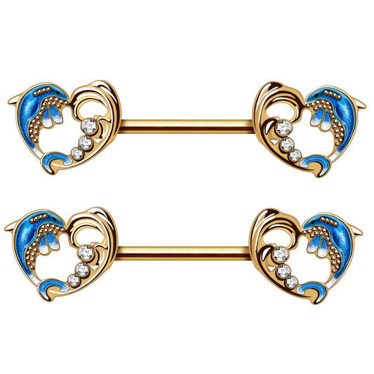 Dolphin Heart Wave Nipple Barbells - Gold Plated Stainless Steel - Pair