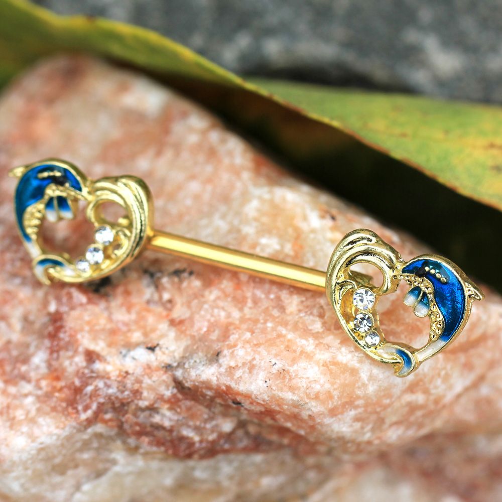 Dolphin Heart Wave Nipple Barbells - Gold Plated Stainless Steel - Pair