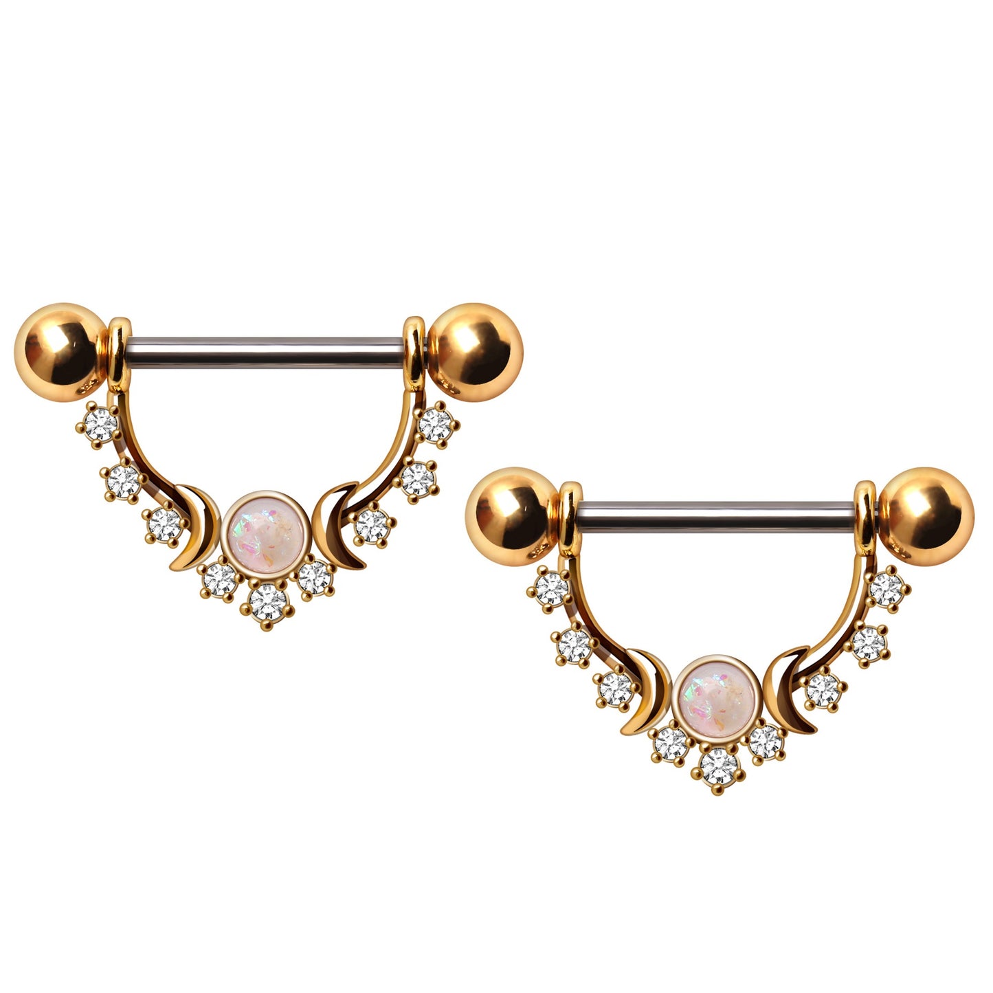 Golden Moons with Multi Jeweled Stars Dangle Barbell Nipple Rings - 316L Stainless Steel - Pair