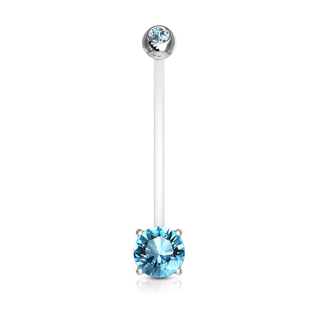 Double Jeweled Prong Set Round CZ Crystal Pregnancy Maternity Bioflex Belly Button Ring - Stainless Steel
