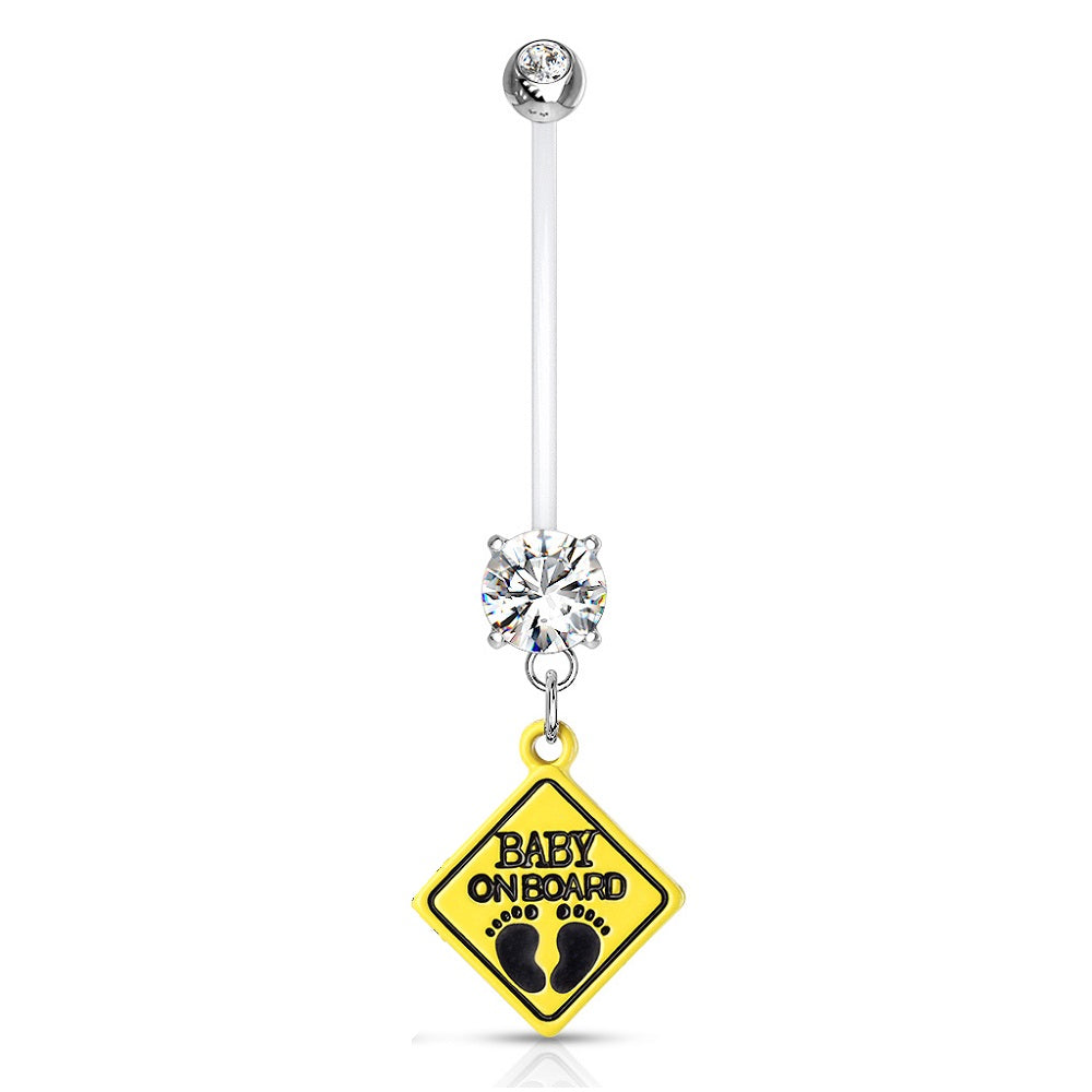 Double Jeweled Baby on Board Sign Dangle Pregnancy Maternity Bioflex Belly Button Ring Retainer - Stainless Steel