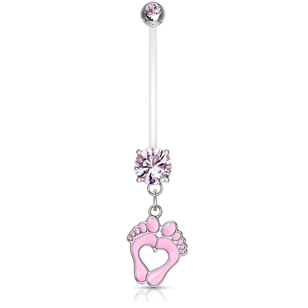 Double Jeweled Heart Baby Feet Dangle Pregnancy Maternity Belly Button Ring Retainer - Stainless Steel