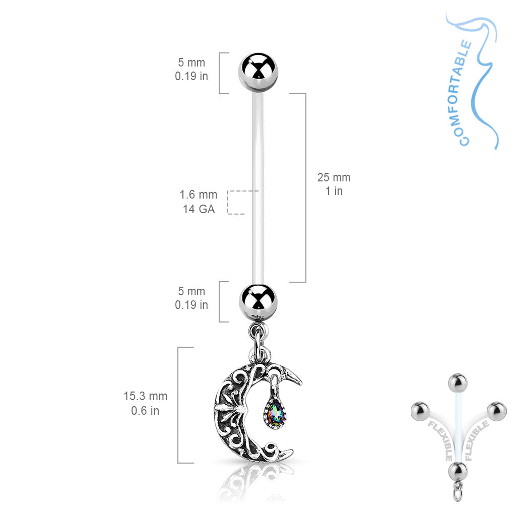 Antique Filigree Carved Crescent Moon Dangle BioFlex with Pregnancy Belly Button Ring - 316L Stainless Steel