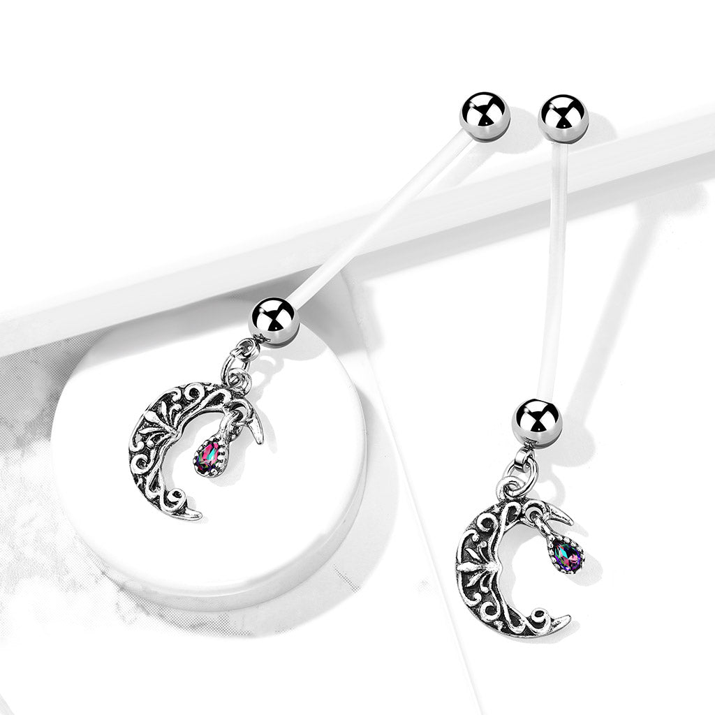 Antique Filigree Carved Crescent Moon Dangle BioFlex with Pregnancy Belly Button Ring - 316L Stainless Steel