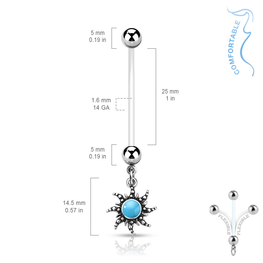 Tribal Turquoise Sun Dangle BioFlex with Pregnancy Belly Button Ring - 316L Stainless Steel