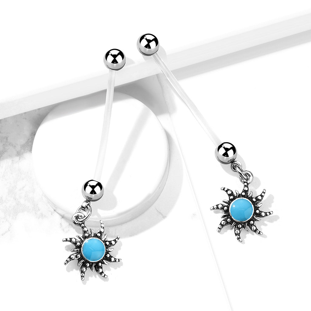 Tribal Turquoise Sun Dangle BioFlex with Pregnancy Belly Button Ring - 316L Stainless Steel