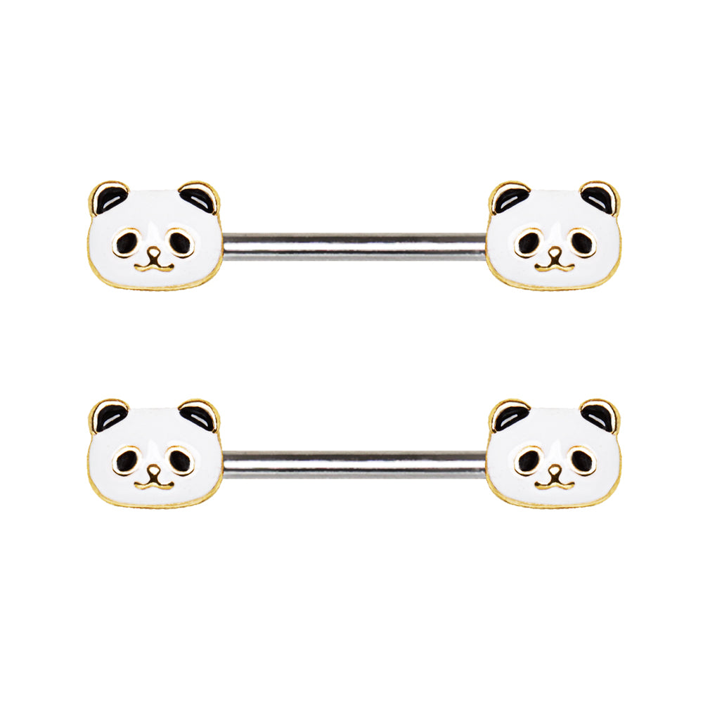 Adorable Golden Panda Head Nipple Barbells - Stainless Steel - Pair