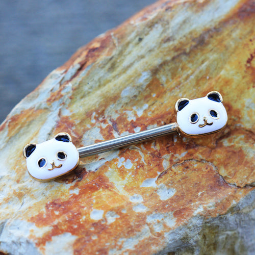 Adorable Golden Panda Head Nipple Barbells - Stainless Steel - Pair