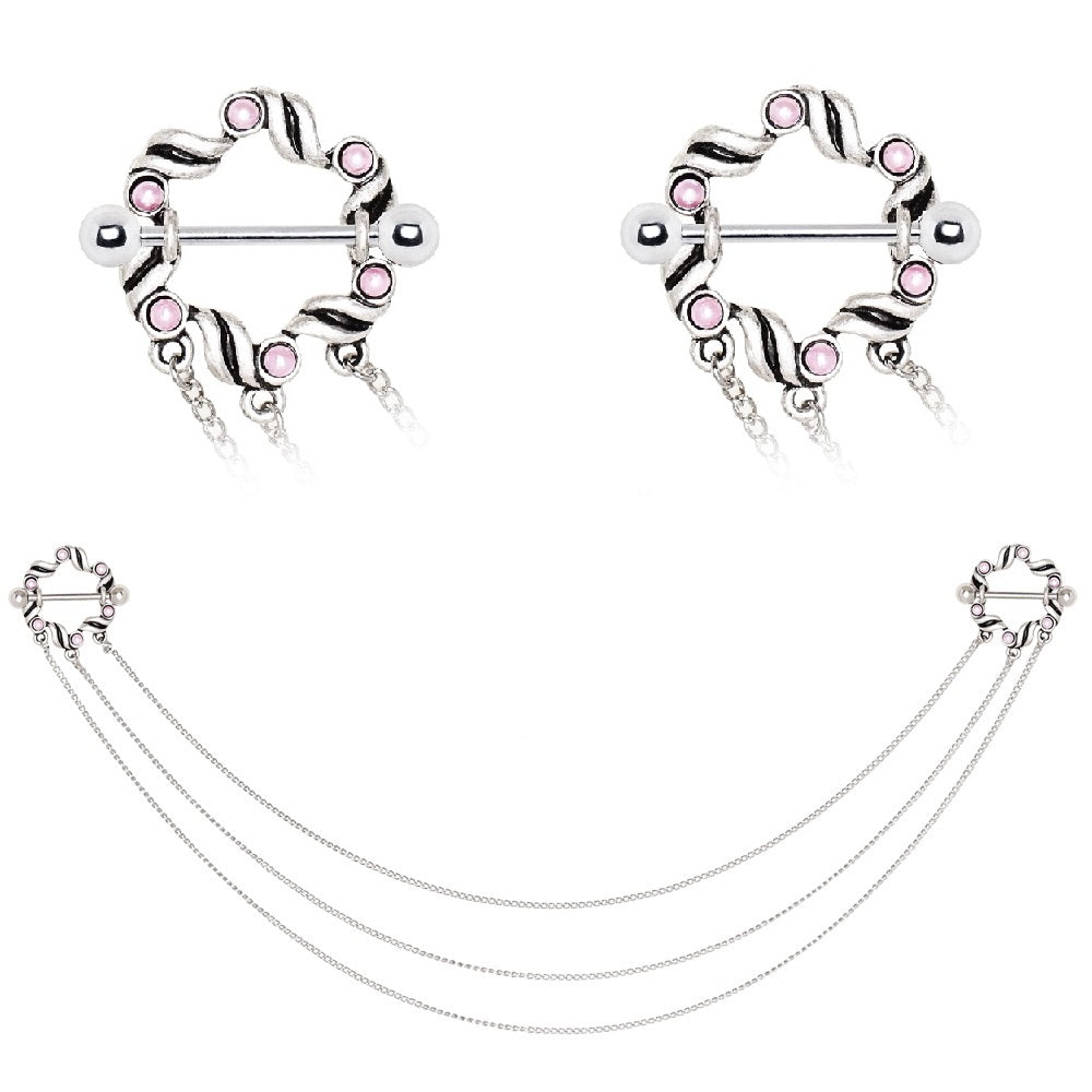 Ribbon Nipple Piercing Shields with Pink Synthetic Pearls - Stainless Steel