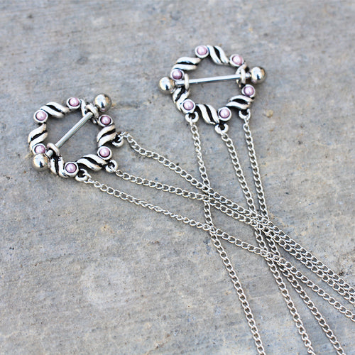 Ribbon Nipple Piercing Shields with Pink Synthetic Pearls - Stainless Steel