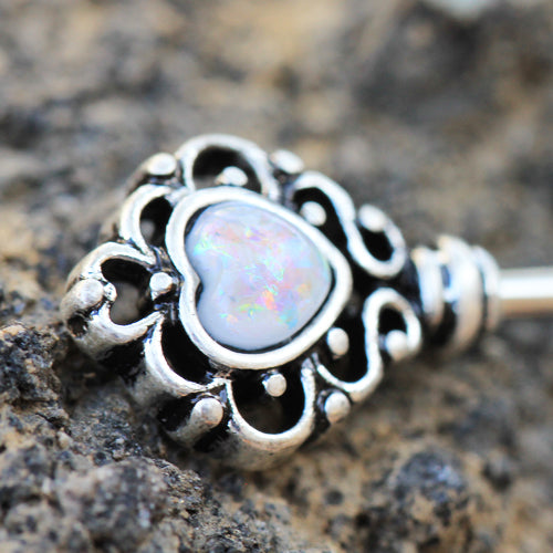 Victorian Filigree Heart Key with Synthetic Opals Nipple Barbells - 316L Surgical Steel - Pair