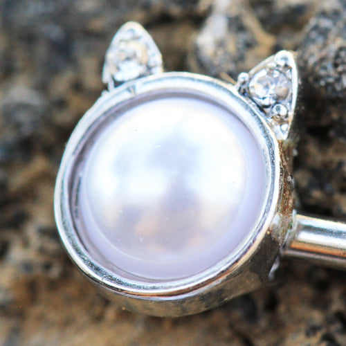 Faux Pearl Cat Faces with CZ Crystal Ears Nipple Barbells - 316L Stainless Steel - Pair