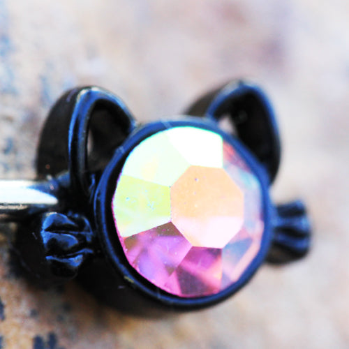 Black Cat with Aurora Borealis Crystals Nipple Barbells - 316L Surgical Steel - Pair